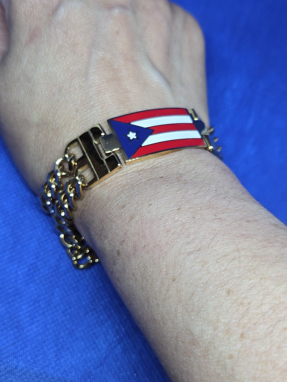 Edforce Gold Tone Stainless Steel Puerto Rico Flag Double Curb Link Bracelet 8.5